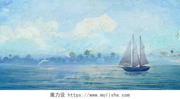 蓝色绿色简约大气水波帆船云朵水彩油漆笔刷展板背景水彩油漆笔刷背景